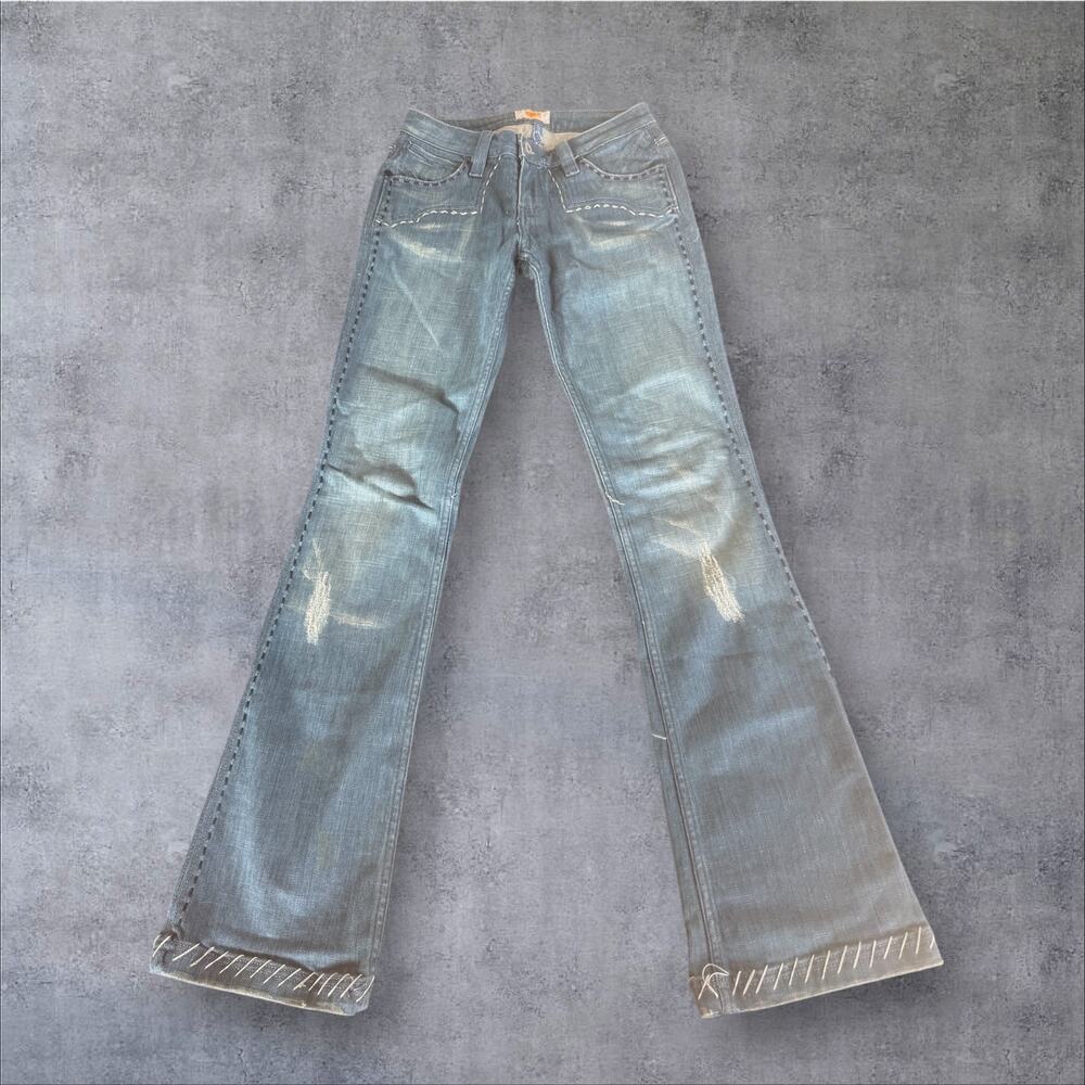 Vtg Antik Denim Monroe Flare Jean Sz 25 Made In USA Y2K Embroidered Boho Western